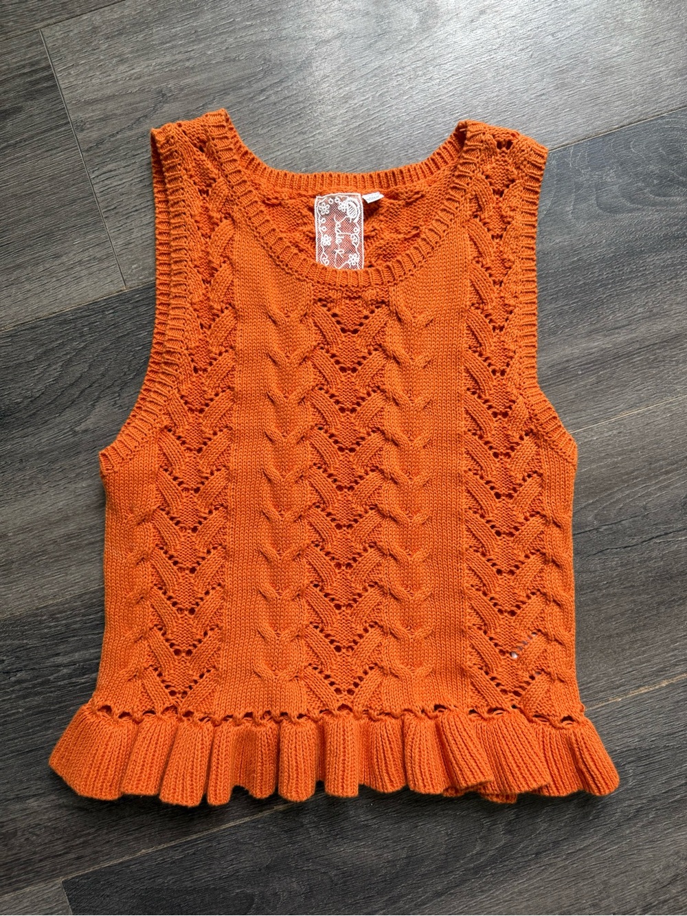 Women's Orange Knit Sleeveless Ruffle Hem Top